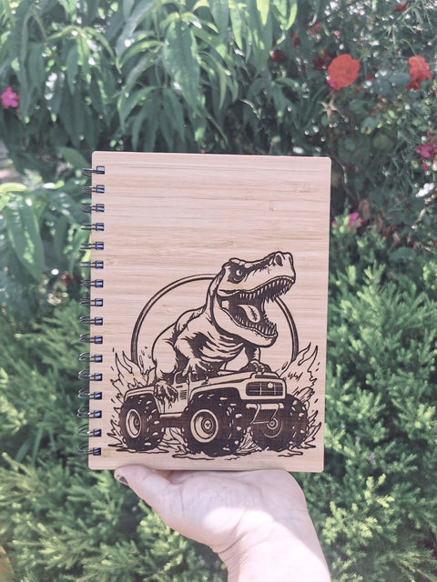A5 Bamboo Cover Notebook - DINOSAUR ON MONSTER TRUCK