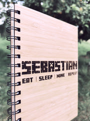A5 Bamboo Cover Notebook - EAT, SLEEP, MINE, REPEAT - Personalised - Let's Etch
